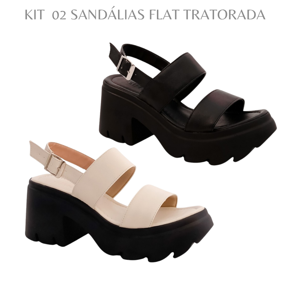 Kit 02 Sandálias Feminina Plataforma Sola Macia Tratorada Flatform Leve Confortável Blogueira