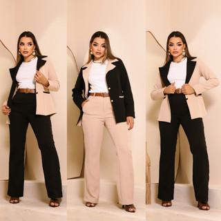 Conjunto Feminino Blazer e Calça Flare, Blazer Bicolor Calça Bolso Faca, Moda Social para Escritório