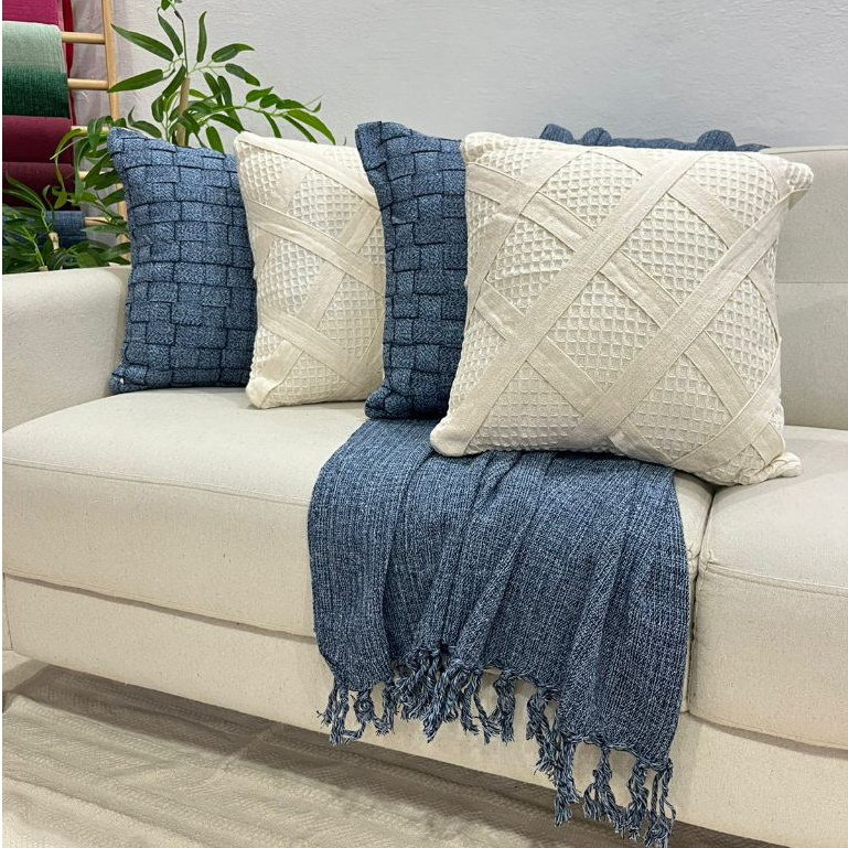 Kit de Almofadas Fita Losango Azul Jeans Manta Grande Decorativa Sofa Cama Rustica Boho Ar...