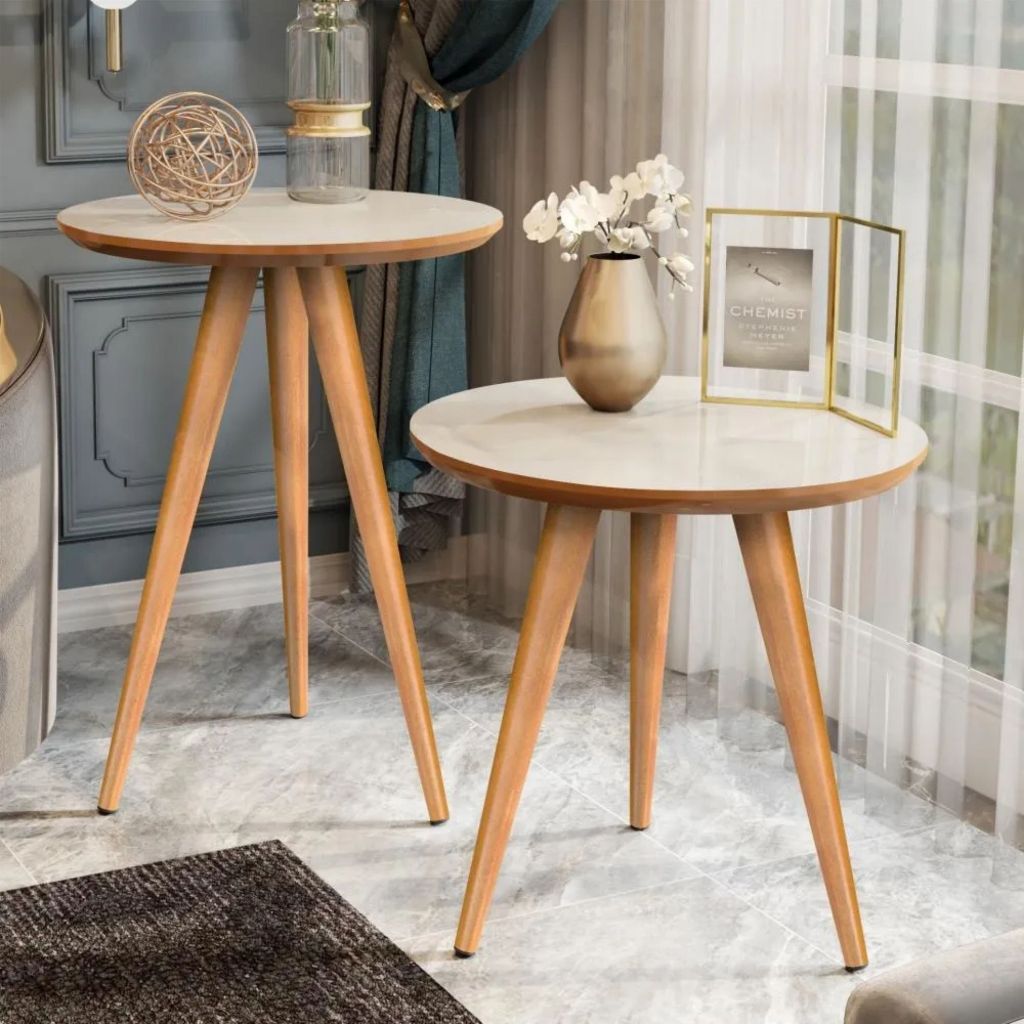 Duas Mesas Laterais Sofa Sala Canto Madeira Pés Palito Lindas