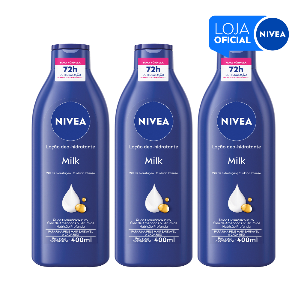 KIT NIVEA Loção Hidratante Milk Pele Seca a Extrasseca 400ml - 3 Unidades