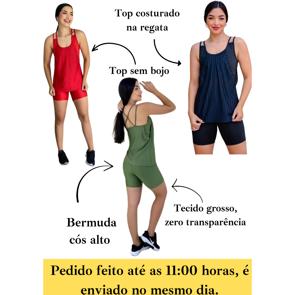 Kit academia conjunto fitness trio bermuda short regata e top sem bojo academia zero transparência