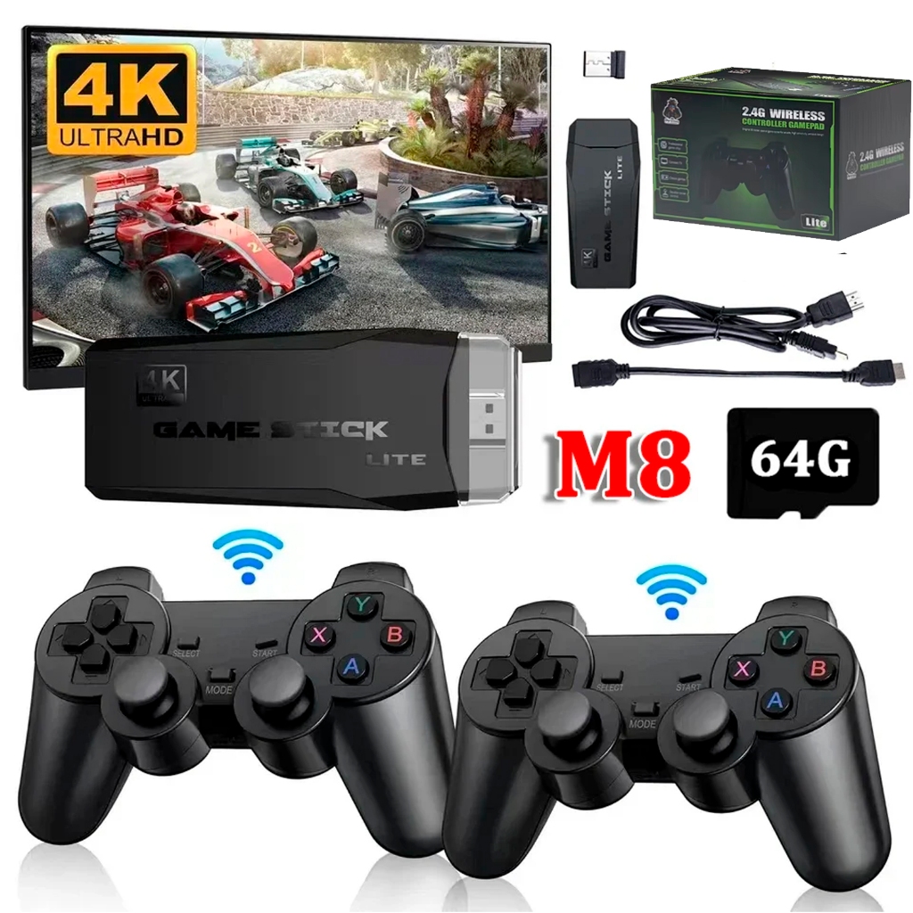 Videogame Stick 4K 64gb 2 Controles Sem Fio Console Portatil Jogos Retro Antigo