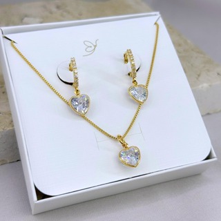 CONJUNTO FEMININO BRINCO CLICK E COLAR CORAÇÃO ZIRCONIA em Oferta na Shopee