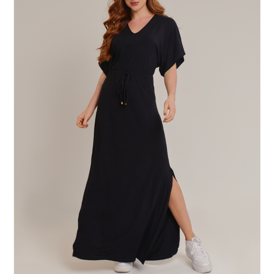 Vestido Longo Feminino Viscolycra com Fenda, Manga Morcego, Decote V e Cintura Ajustável – Casual em Oferta na Shopee