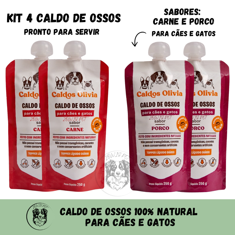 Kit 4 Caldo De Ossos Liquido de Carne Bovino e Porco Suíno Para Cães e Gatos 250g - Caldos Olivia