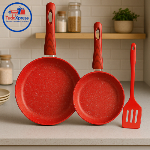 Kit de 2 Frigideiras Cerâmica antiaderente Vermelha / Creme + Espátula de Silicone Cozinha...