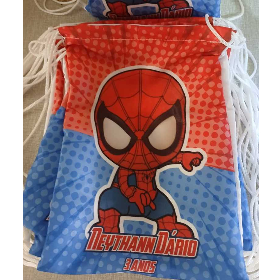 25 Mochila saco de tecido  personalizada  infantil lembrancinha para evento com dados infantil  H. Aranha da festa