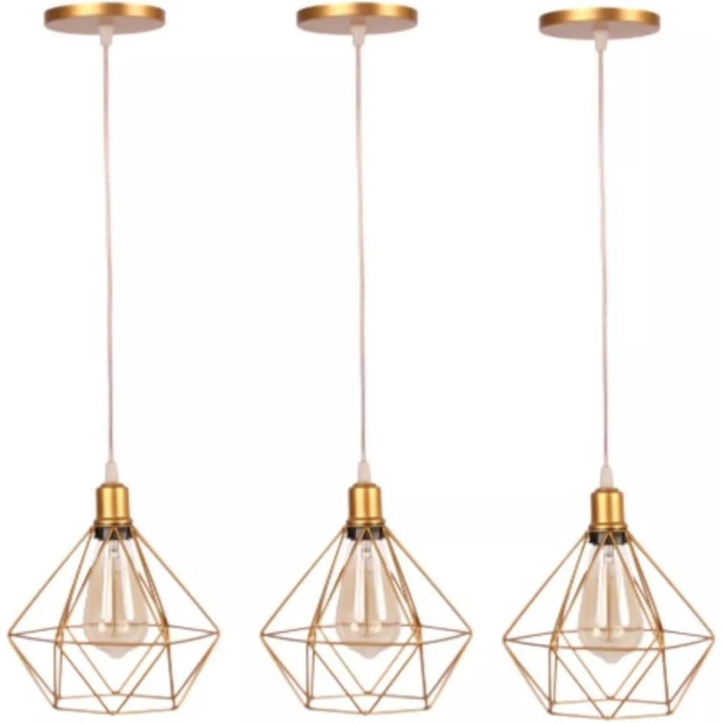 Pendentes Diamante Aramado Dourado Cabo Regulável Kit C/3 em Oferta na Shopee