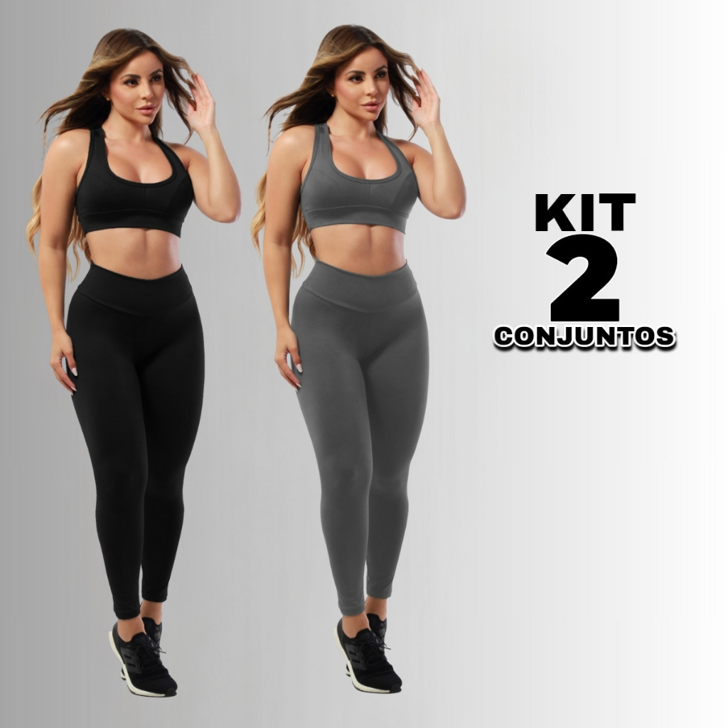 Kit 2 Conjuntos Calça Legging E Top Nadador  Fitness Roupas Femininas Para Academia Suplex A03