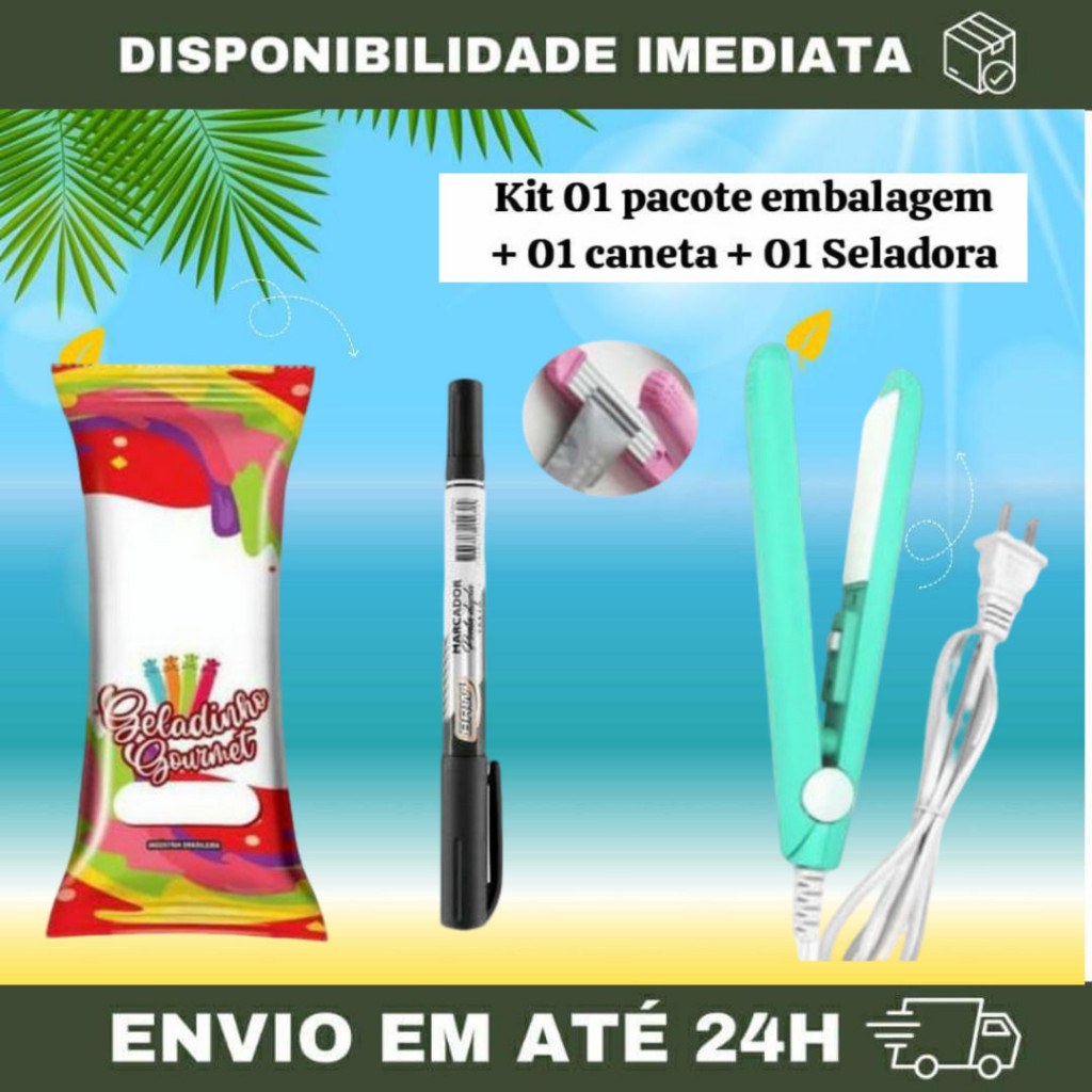 KIT 01 PACOTE + SELADORA+ CANETA Embalagem higiênica para geladinho gourmet vermelho/Azul 7x19. 01 PCT+01 CANETA+01 SELA em Oferta na Shopee