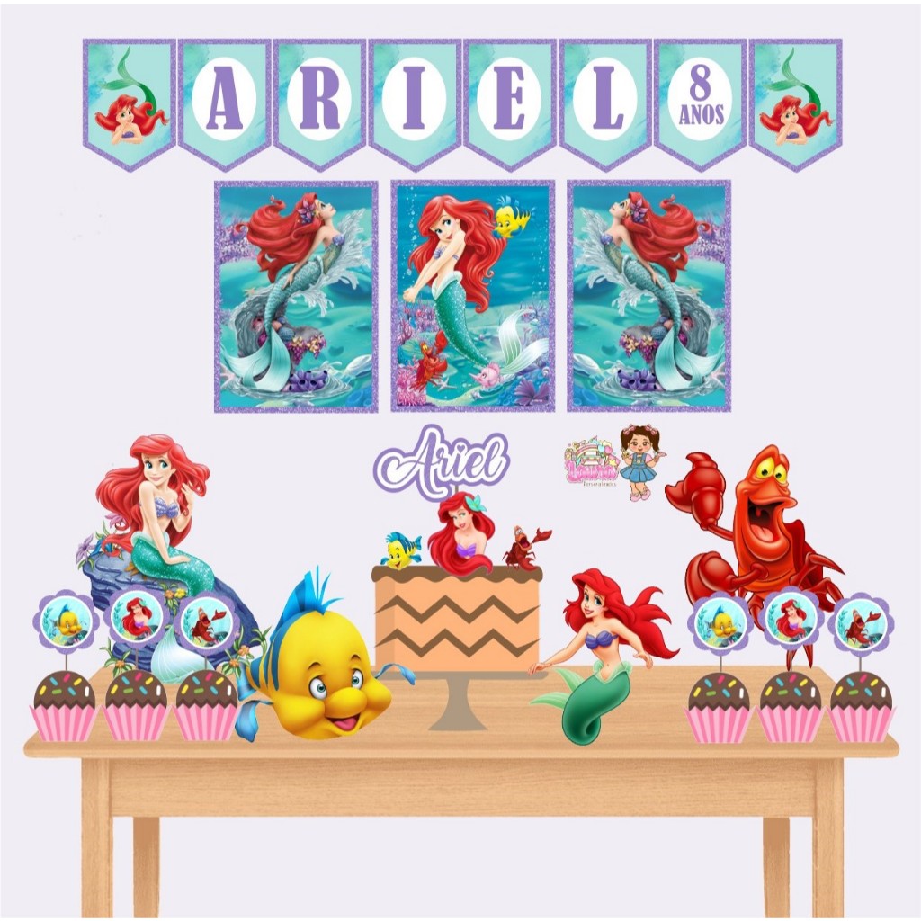 Kit Festa só um Bolinho Personalizado Sereia Ariel - Lembrancinha Mesversário Aniversário Decoração de Festa
