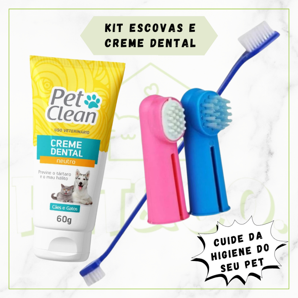Higiene Bucal Pet Kit Creme Dental e Escovas Dedal e Longa em Oferta na Shopee