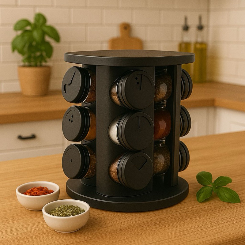 Porta Temperos de Vidro Giratório 360° –  9 ou 12 Potes