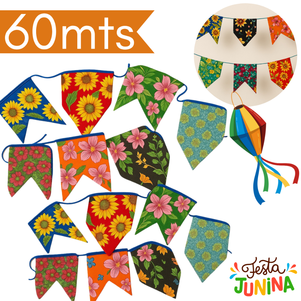 Kit Até 60mts Bandeirinhas Festa Junina Estampadas CHITA / São João em Plástico Resistente Água