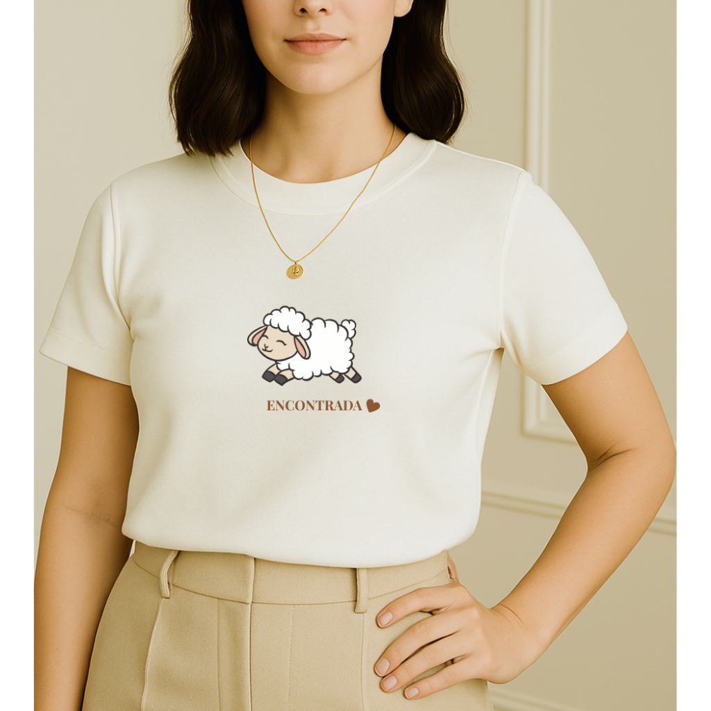 Blusa T shirt Feminina Cristã 100 % Algodão gola Ribana "ovelha encontrada" em Oferta na Shopee