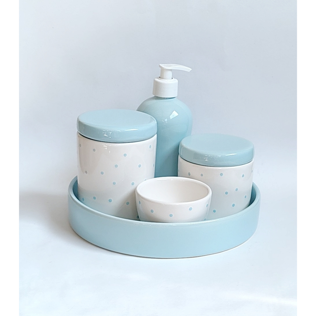 Kit Higiene Bebe Porcelana Poa Azul Bebe Bandeja Porcelana Redonda