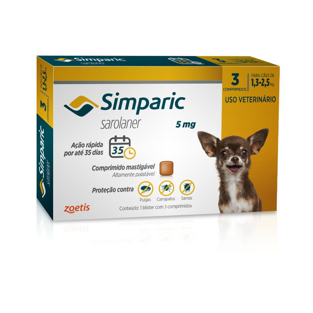 Simparic anti pulgas, carrapatos e sarnas para cães de 1,3 a 2,5 kg (3 unidades) SIMPARIC 05 MG X 3 COMPRIM 1,3 - 2,5 KG