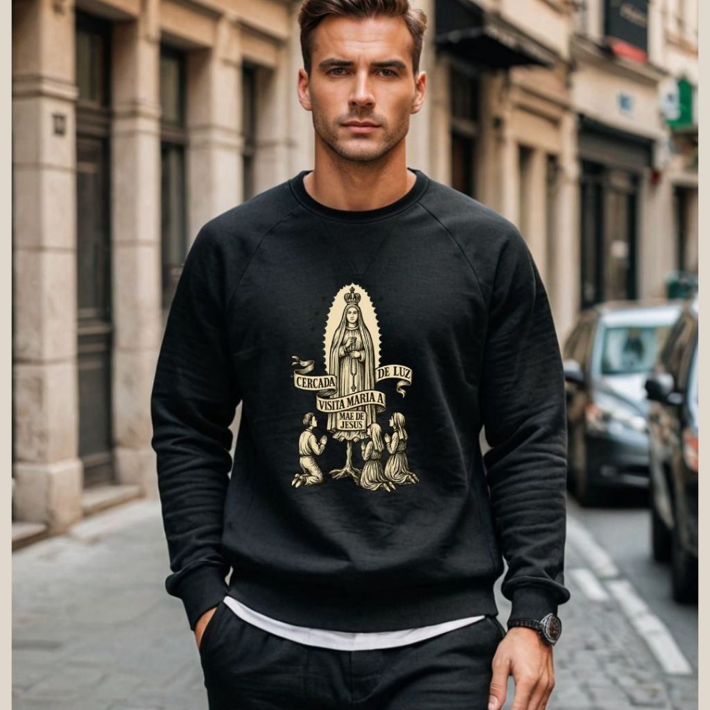 Moletom Unissex Modelo Careca Nossa Senhora de Fátima e Pastorinhos Adulto Blusa de Frio Católica