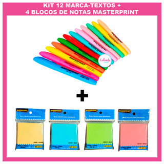 kit marca texto 12 cores Masterprint (6 neons + 6 pastéis) + 4 Blocos Notas Adesivo Marcador Páginas em Oferta na Shopee