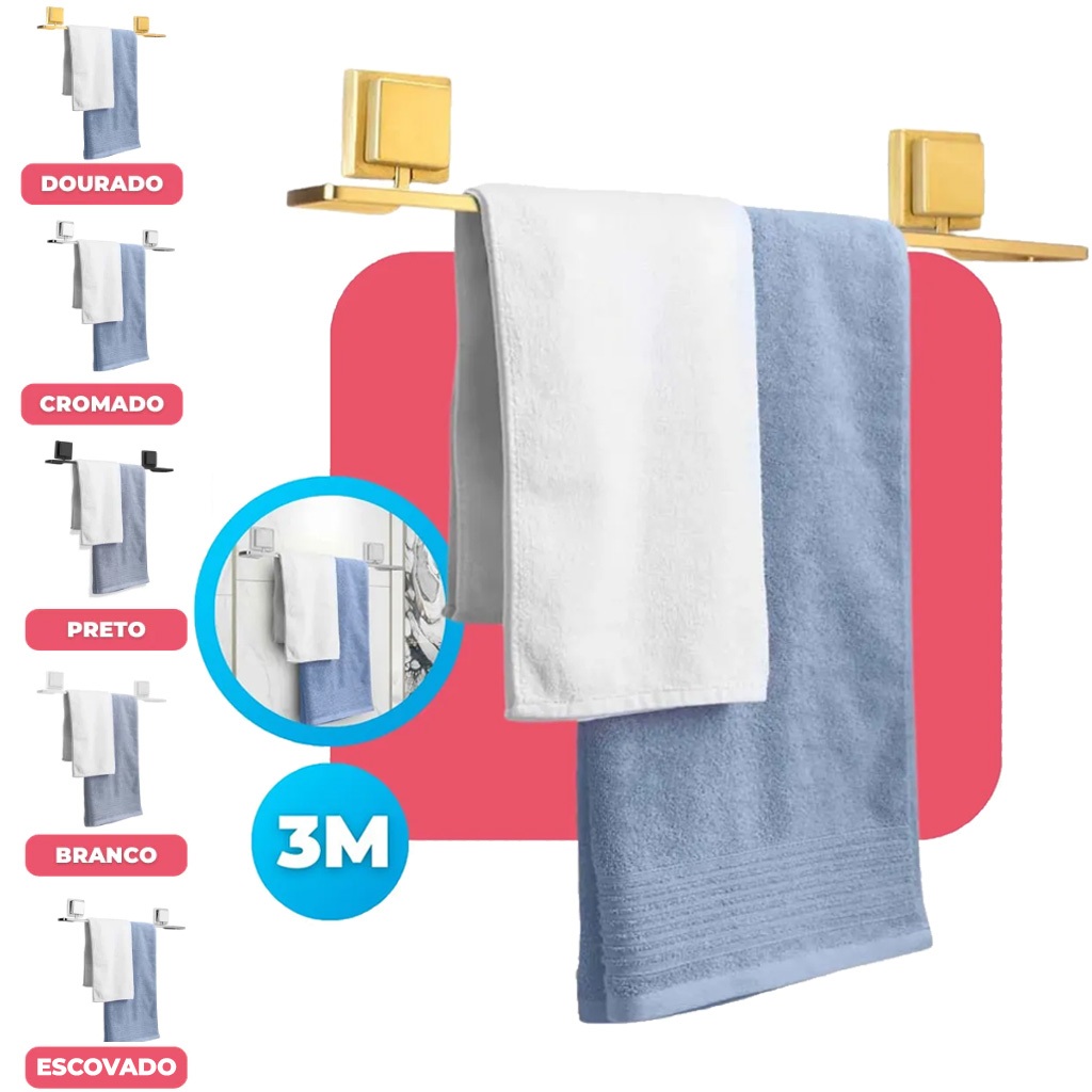 Suporte Porta Toalha Banho Banheiro S/ Furo fixacao Fita Dupla Face 3M Resistente Dourado Arthi em Oferta na Shopee