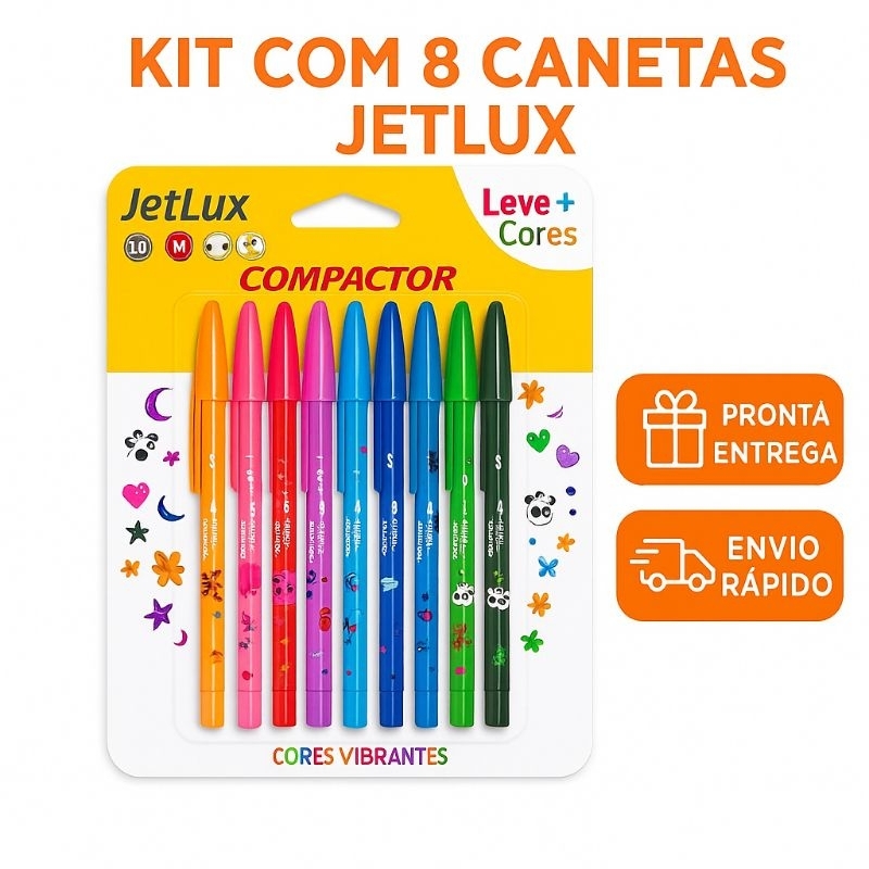 Kit 8 Caneta Esferográfica JetLux - Cores Vibrantes - Ponta Macia - Escola - Escritório