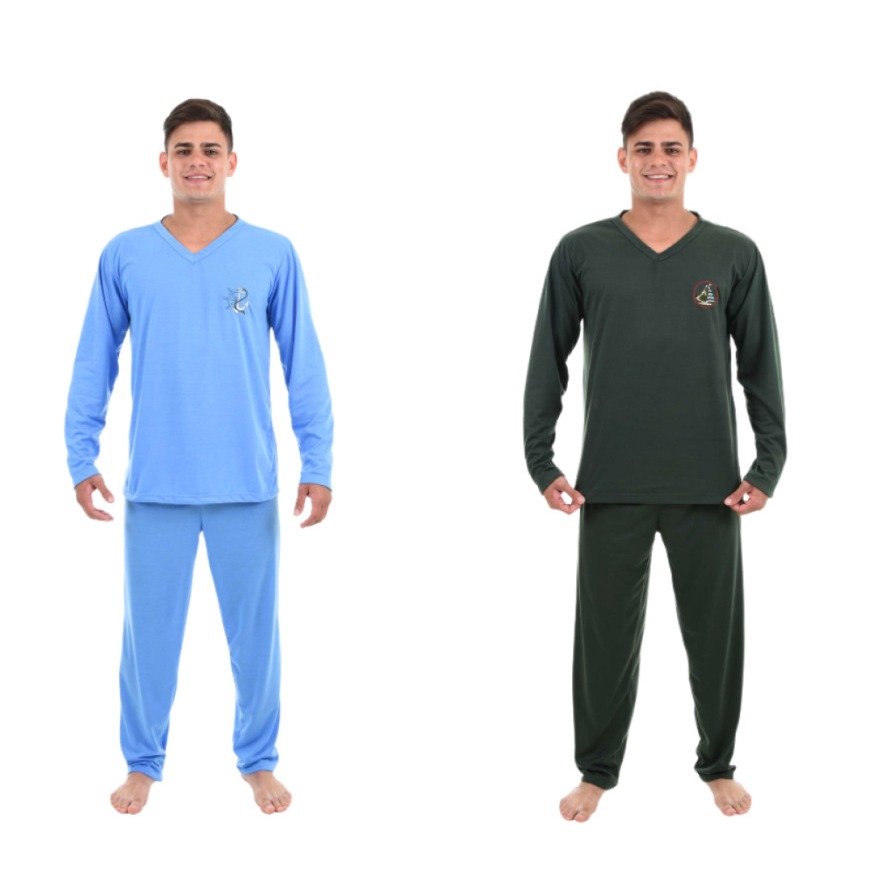 Kit 2 Pijama masculino adulto malha atacado pijama frio manga longa pijama longo de inverno variados