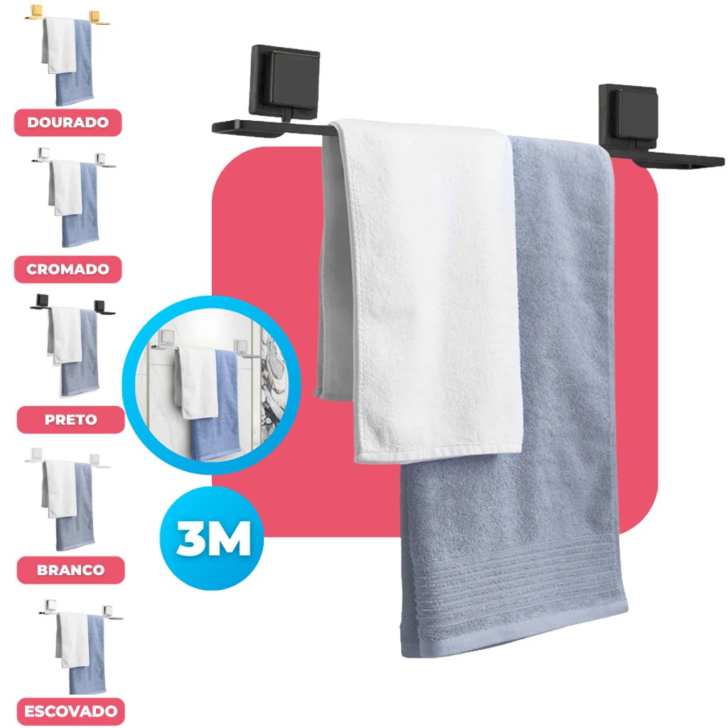 Suporte Porta Toalha Toalheiro Banho Para Banheiro Fixação Sem Furo Dupla Face 3M Preto Black Arthi em Oferta na Shopee