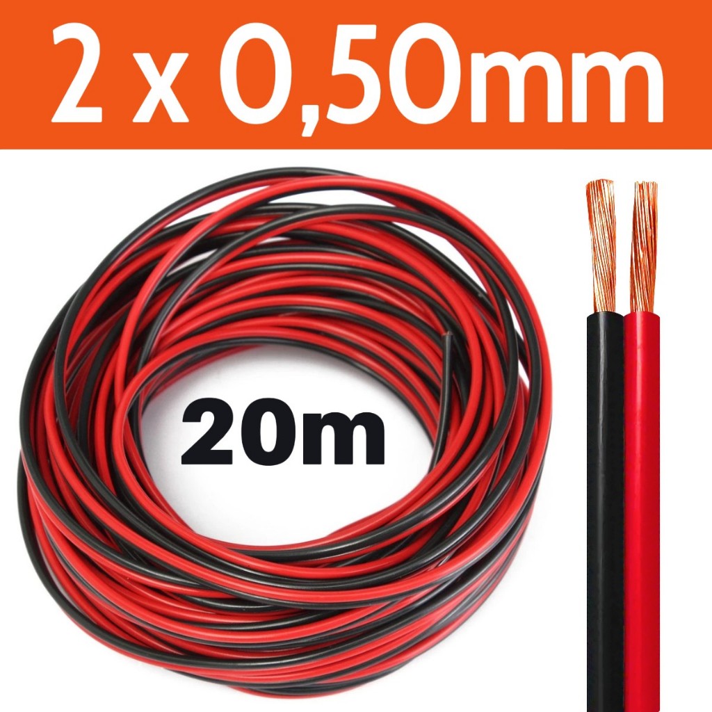 Rolo 20m Cabo Som Automotivo 0,50mm Bicolor Fio Alto Falante Flexível Resistente P/ Instalação Som