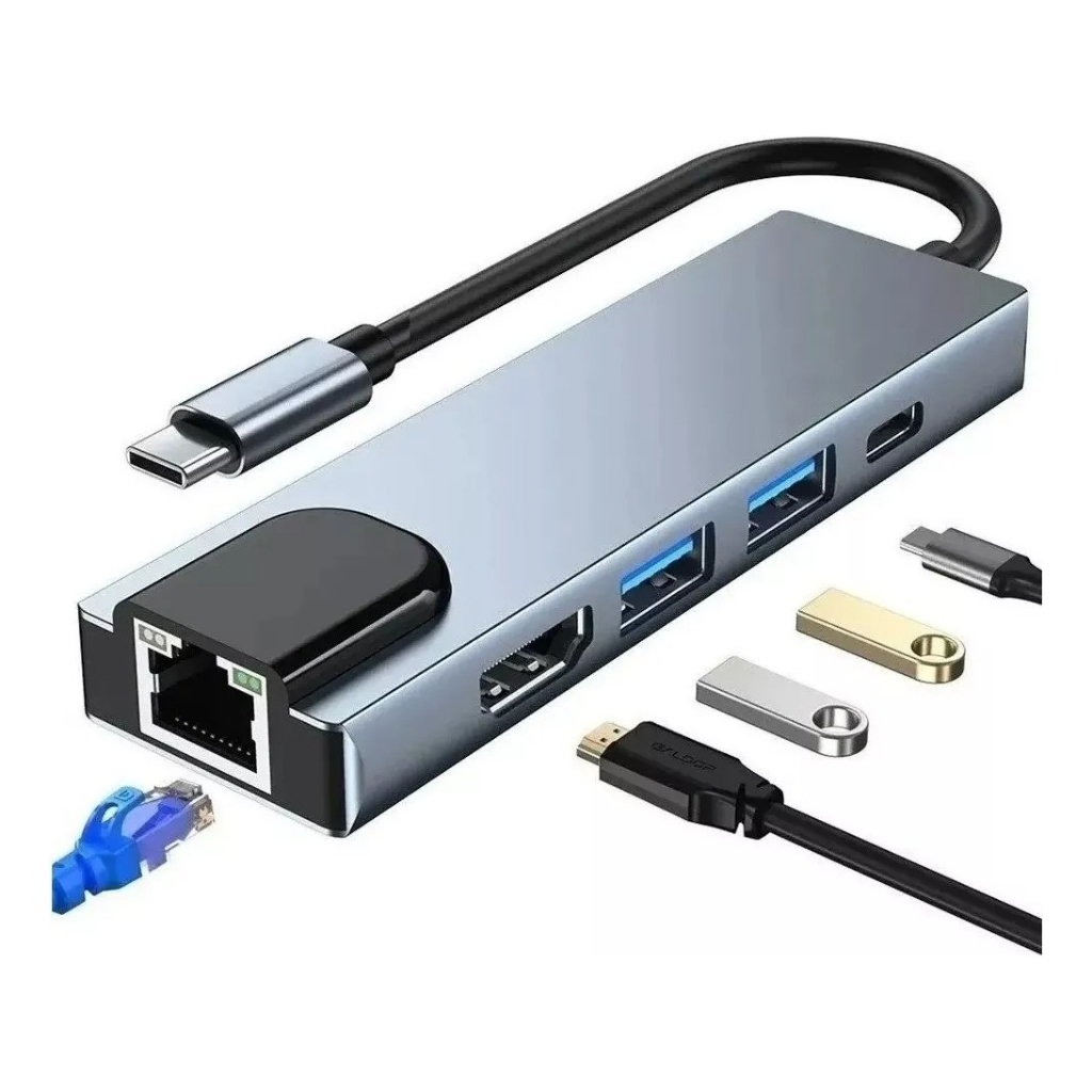 Adaptador Multifuncional Tipo C Hub Hdmi 4k Internet Rj45 KA-6050 HUB 5 PORTAS KAPBOM KA-6050 2X USB/ RJ45/ HDMI/ TIPO C