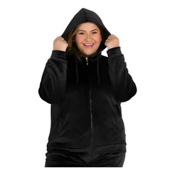 Jaqueta Feminina Plus Size Basica Plush Com Capuz, Bolsos e Ziper Tam. G1 Ate G5