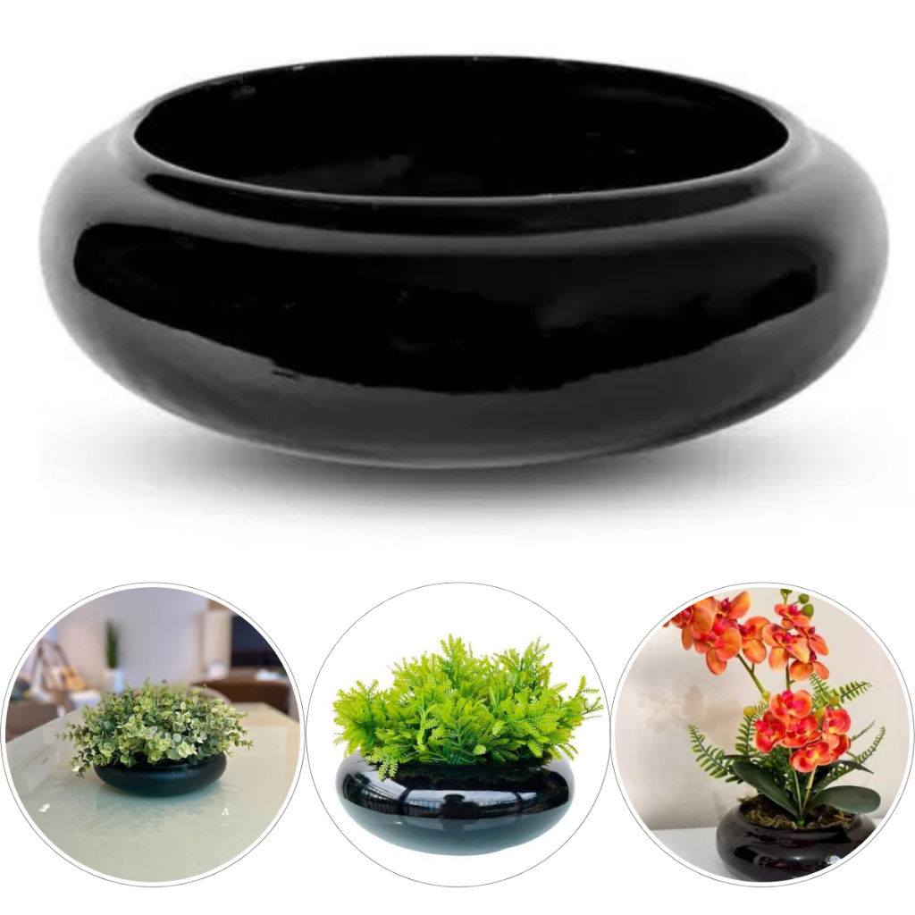 Vaso Baixo Ikebana Cerâmica Esmaltada Preta Decoração Orquídea Suculenta