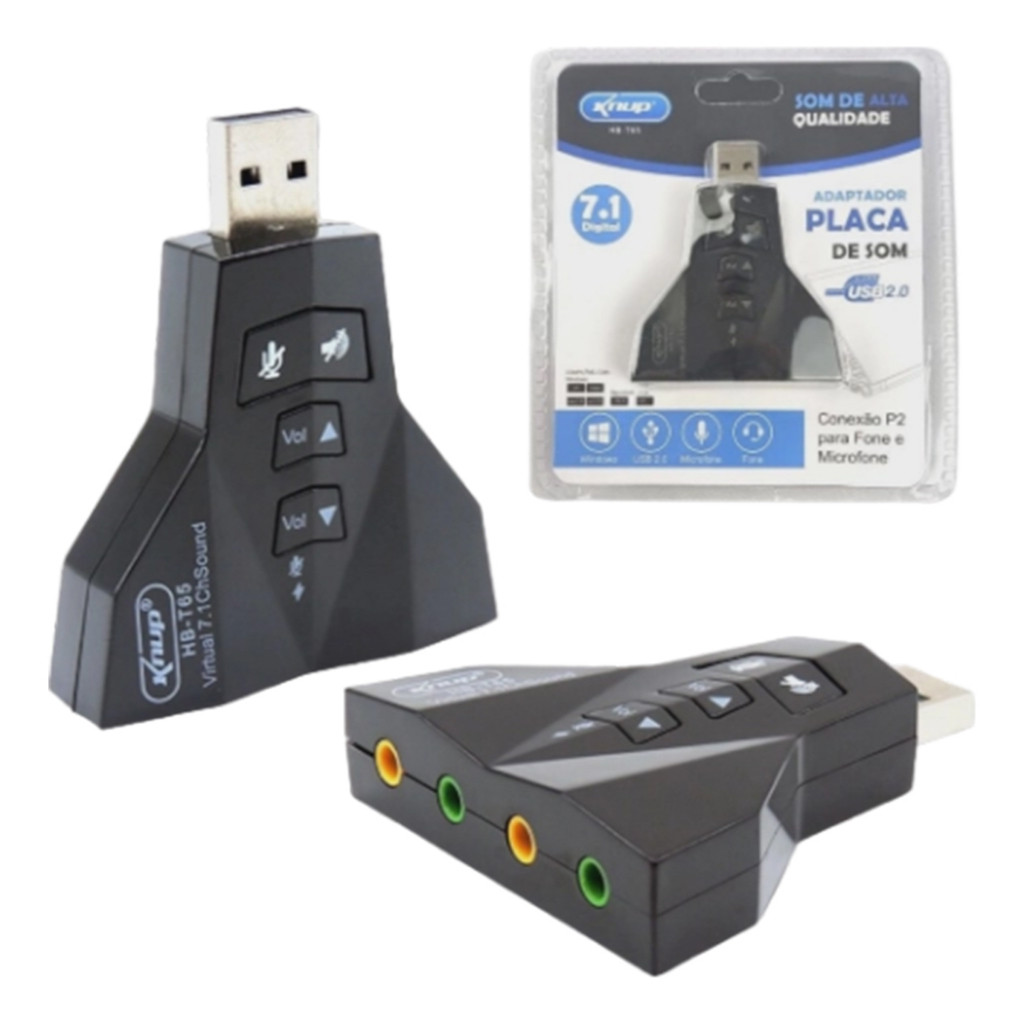 Placa De Som Usb 7.1 Dupla Ideal Para Virtual Dj Para 2 Fone HB-T65 - Interface: USB 2.0/3.0