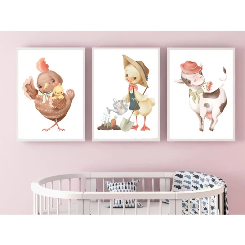 Quadro Decorativo Fazenda Aquarela Animais Trator Celeiro Campo Rural Verde