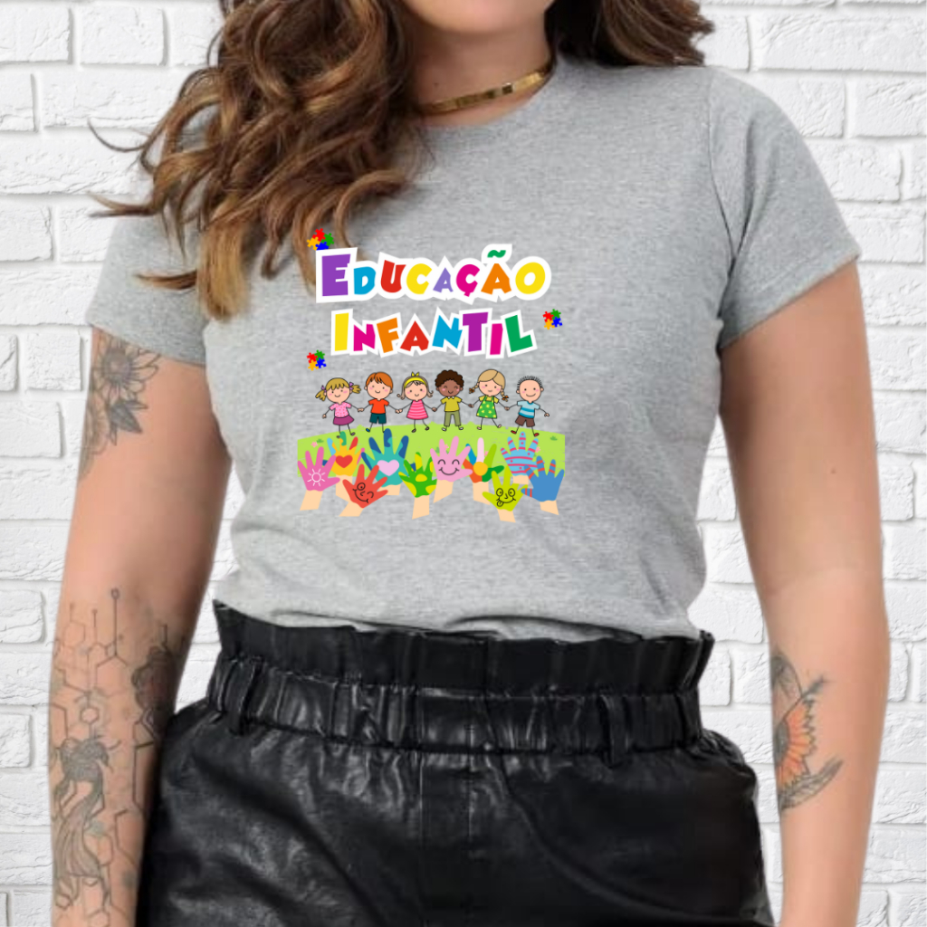 Uniforme Educação Infantil Babylook Estampada Desenho Colorido Crianças Camiseta Cinza Algodão G2