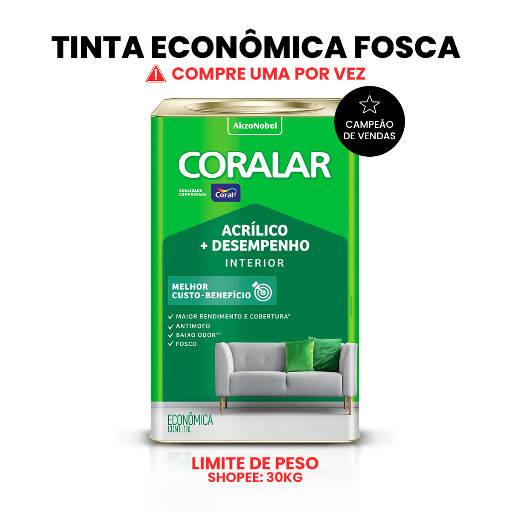 Tinta Econômica Para Parede Coral 18L Branco Interior Antimofo Baixo Odor