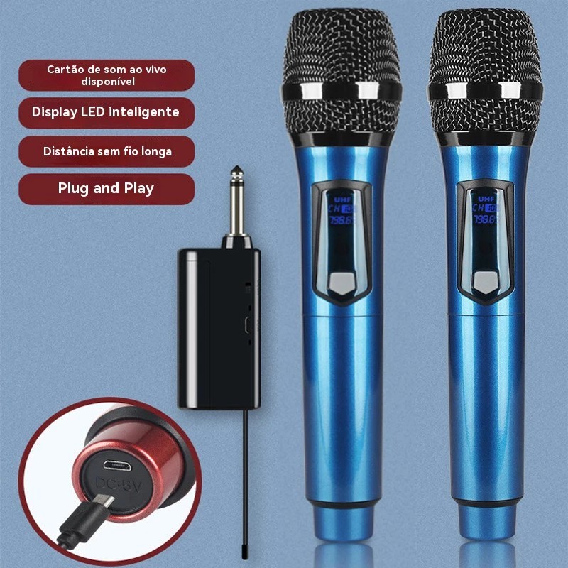 Kit 2 Microfones Sem Fio Profissional UHF com LED e Receptor de Alta Qualidade em Oferta na Shopee