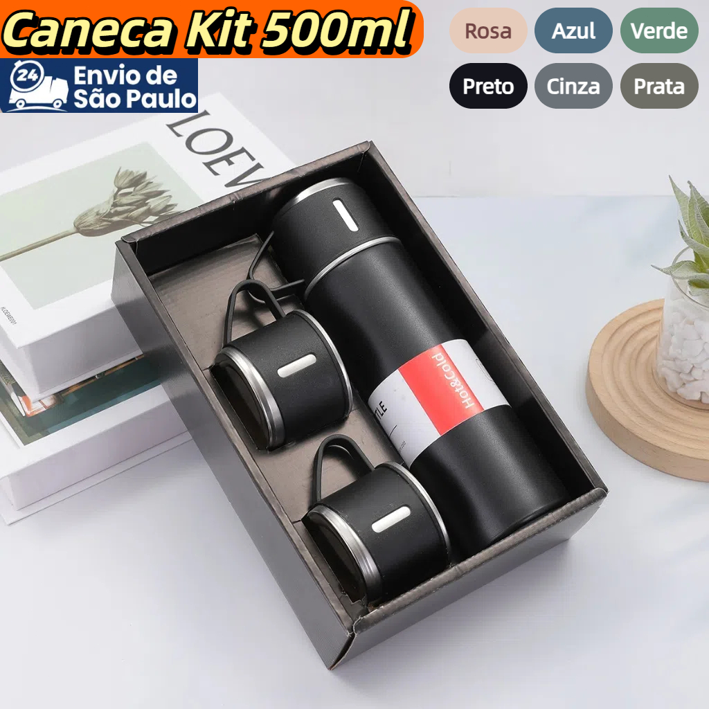 Caneca Kit Garrafa Térmica Vacuum Bottle Inox 500ml + 3 Xícaras Bebidas Fria ou Quente