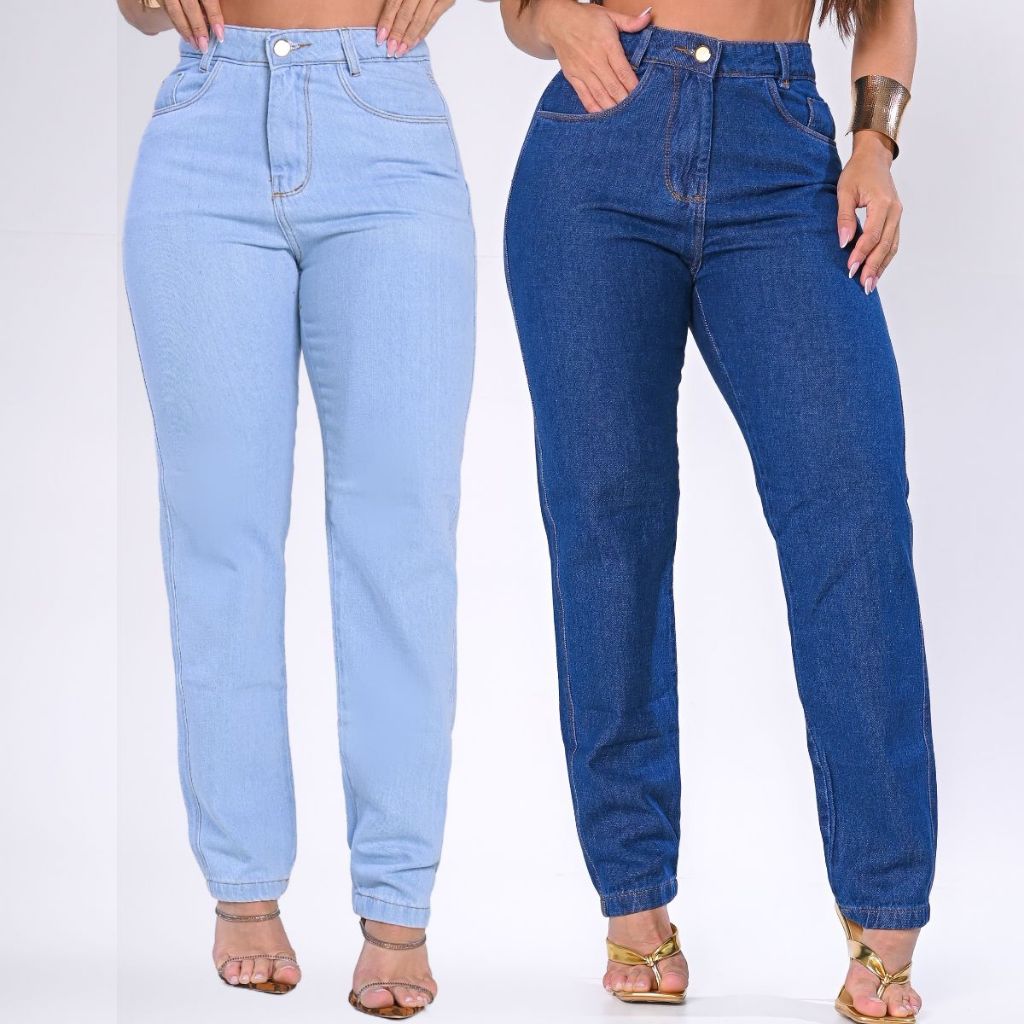 Kit 2 Calça Jeans Mom Feminina Boyfriend 100% Algodão Cintura Alta Sem Lycra Estilosa