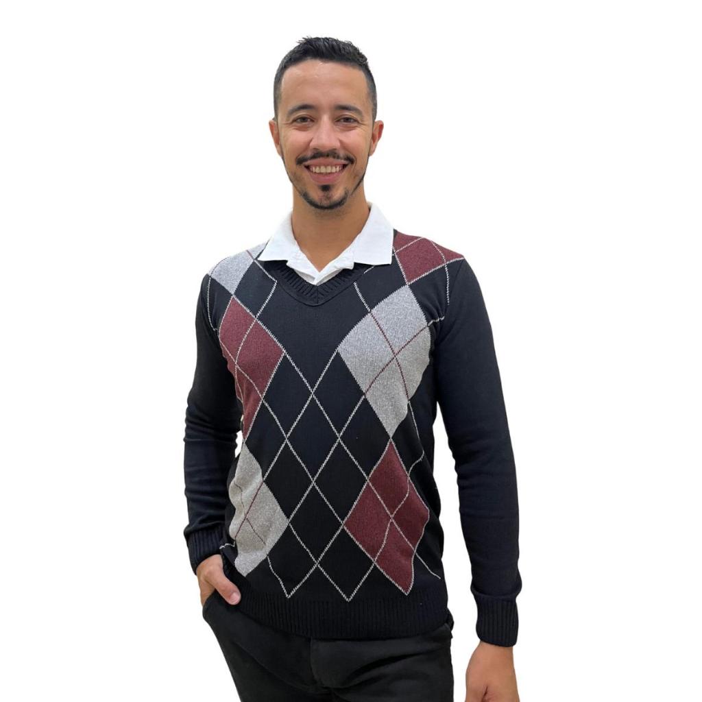 Blusa Suéter de Frio Manga Longa Masculina Masculino Gola V Escocesa