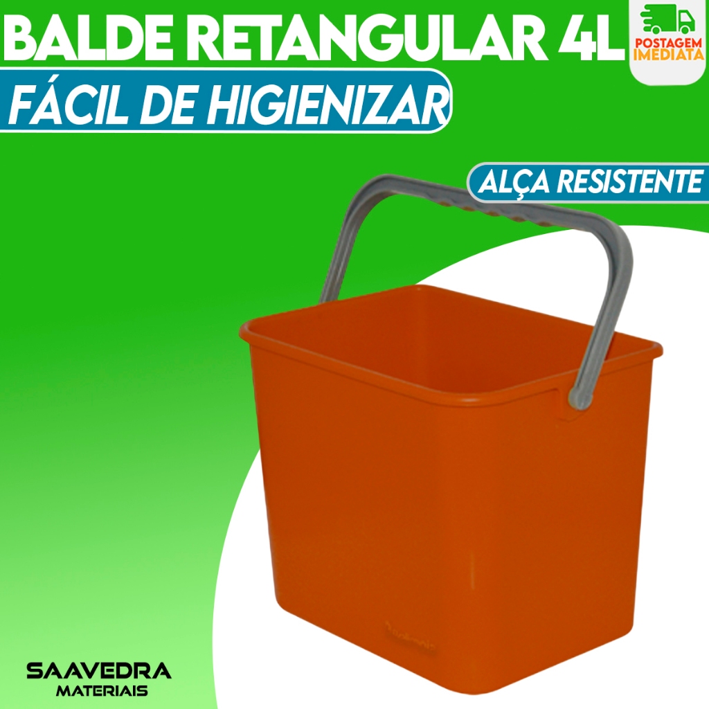 Balde Plástico Retangular Reforçado 4 L Com Alça Plástica Resistente