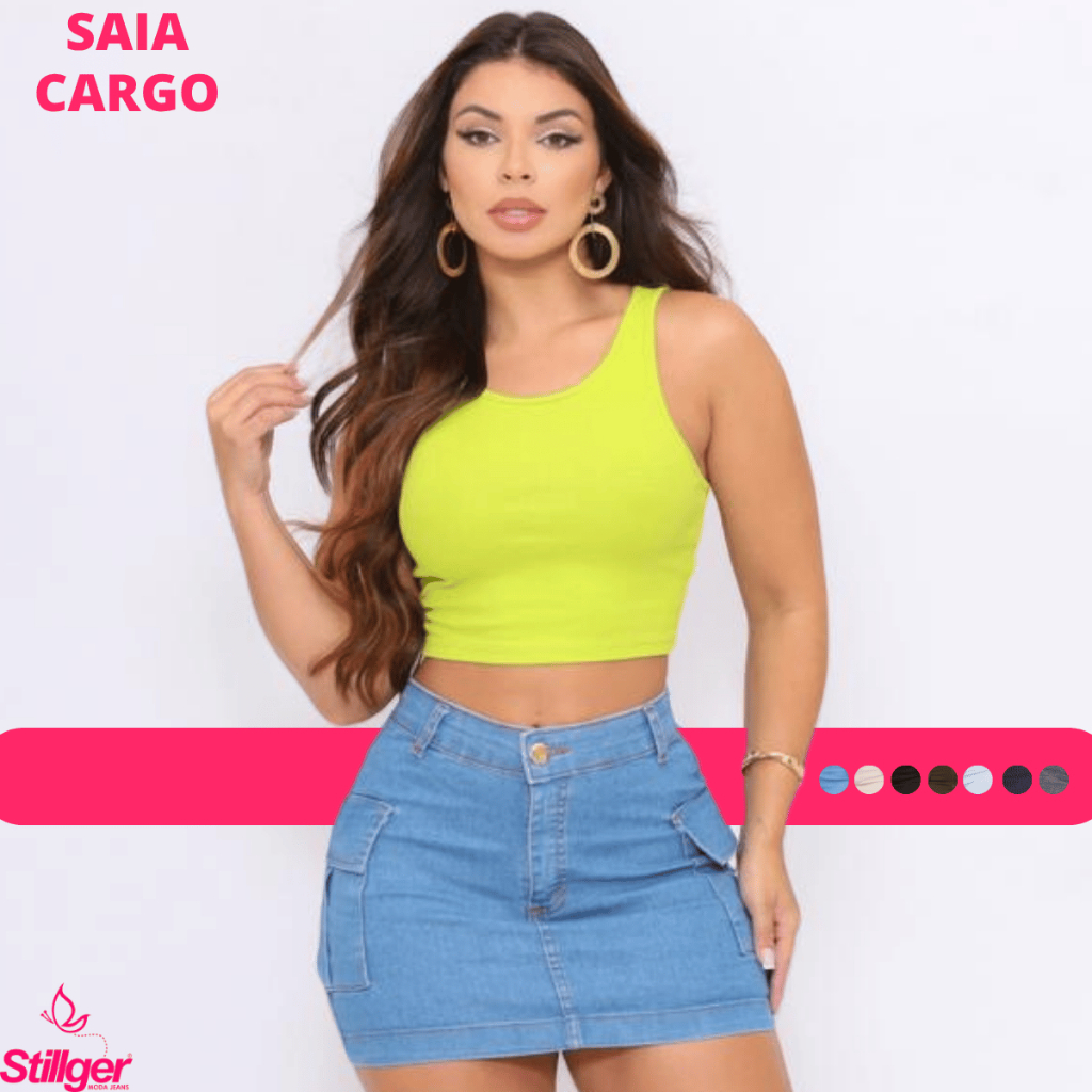 Saia Cargo jeans Feminina Bege Cintura Alta Com Lycra e bolsos laterais Levanta Bumbum em Oferta na Shopee