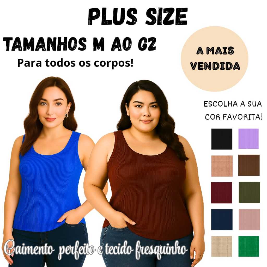 Regata Feminina CANELADA Plus M ao G2 Alça Larga Básica em Oferta na Shopee