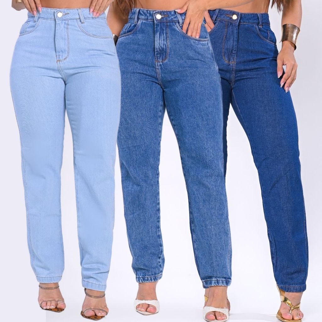 Kit 3 Calça Mom Jeans Feminina Cintura Alta Sem Lycra 100% Algodão