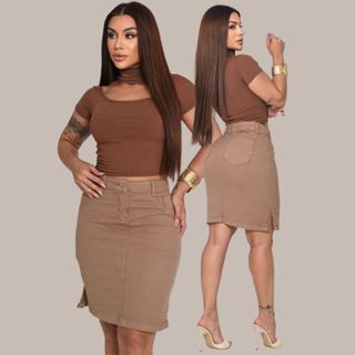Saia Jeans Secretaria Bege Premium Com Elastano Cintura Alta Moda evangélica Midi Feminina em Oferta na Shopee