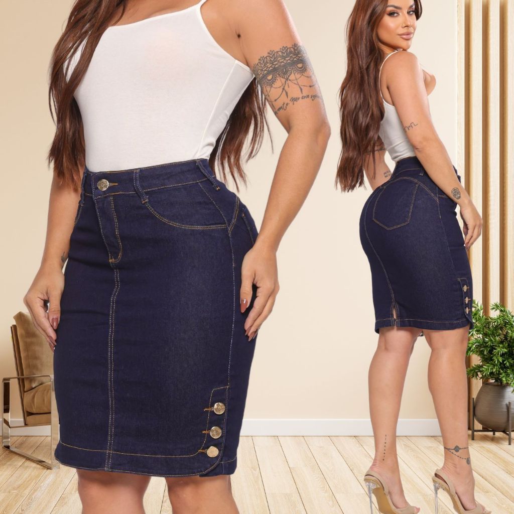 Saia Jeans Secretaria Premium Com botao Elastano Cintura Alta Midi Moda Feminina em Oferta na Shopee