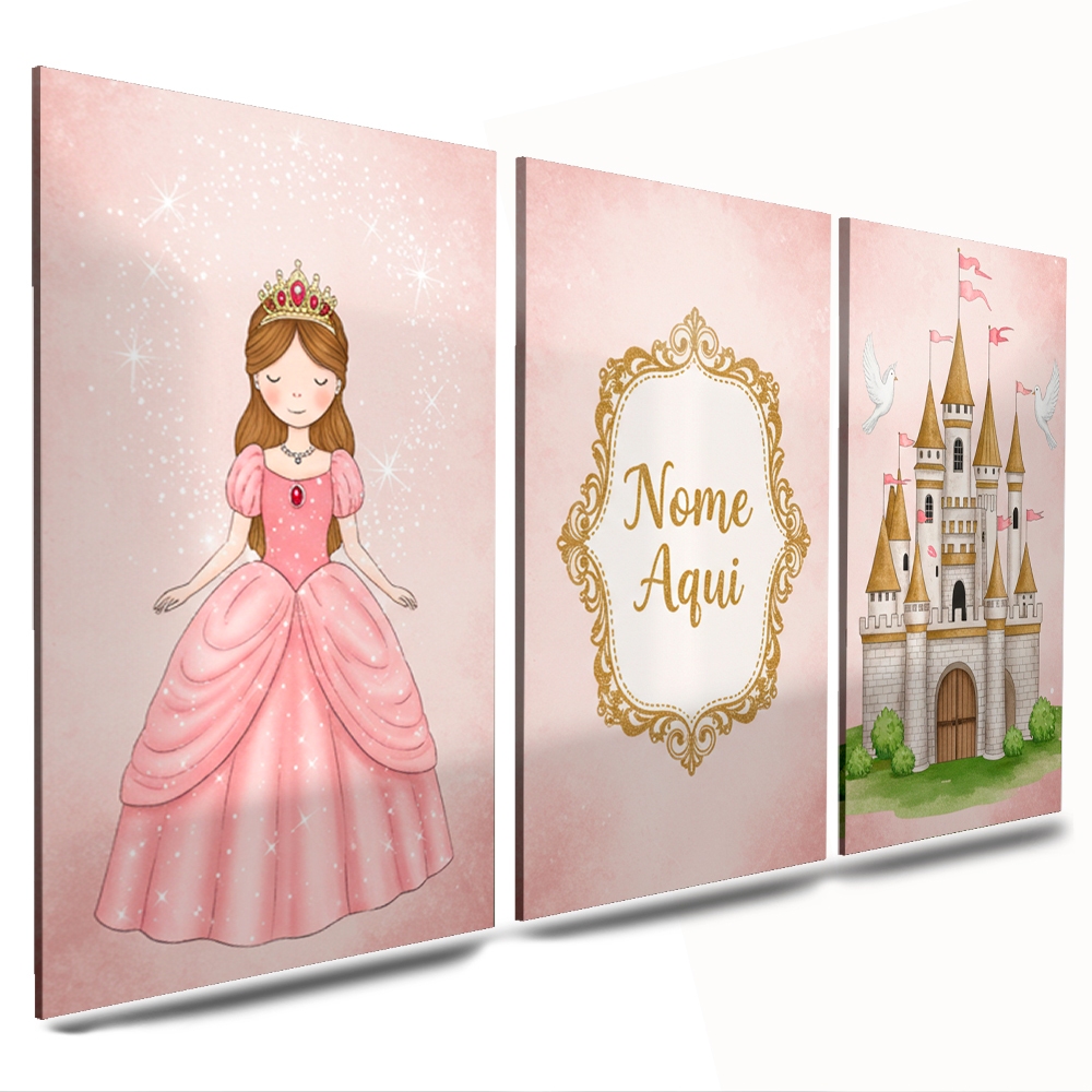 quadro decorativo infantil de menina (nome personalizado) princesa castelo rosa em Oferta na Shopee