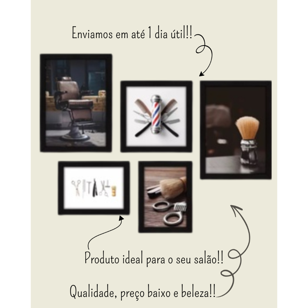 Quadros decorativos 5 peças - Barbearia Barbeiro Barber Cadeira - 046kq01 Visu = 221 perfeito pro se