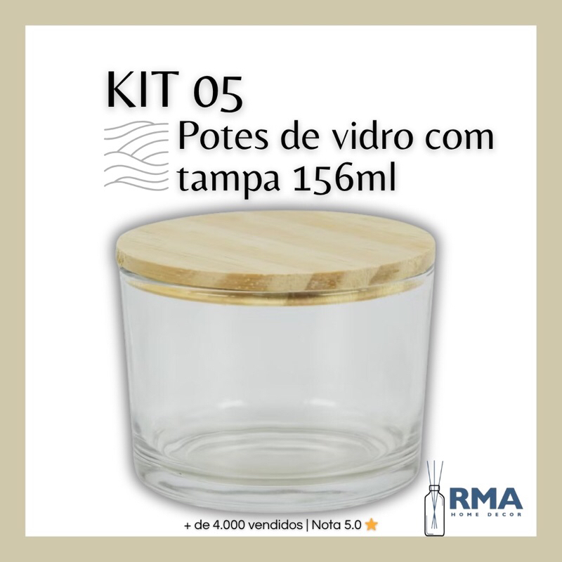 Kit 5 Potes Copo de Vidro Patê 156ml c/ Tampa Madeira Vela aromatica artesanal Temperos Castiçal Sobremesa