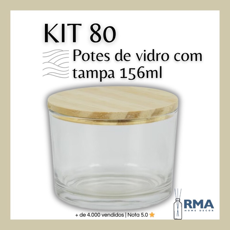Kit 80 Potes Copo de Vidro Patê 156ml c/ Tampa Madeira Vela aromatica artesanal Temperos Castiçal Sobremesa